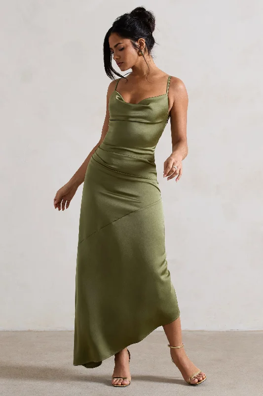 Maxi Dresses for Food Nights -Santi | Olive Green Satin Cowl-Neck Asymmetric Maxi Dress