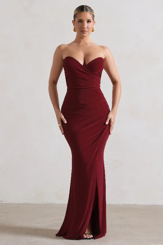 Maxi Dresses for Friend Outings -Saphira | Berry Strapless Wrap Maxi Dress