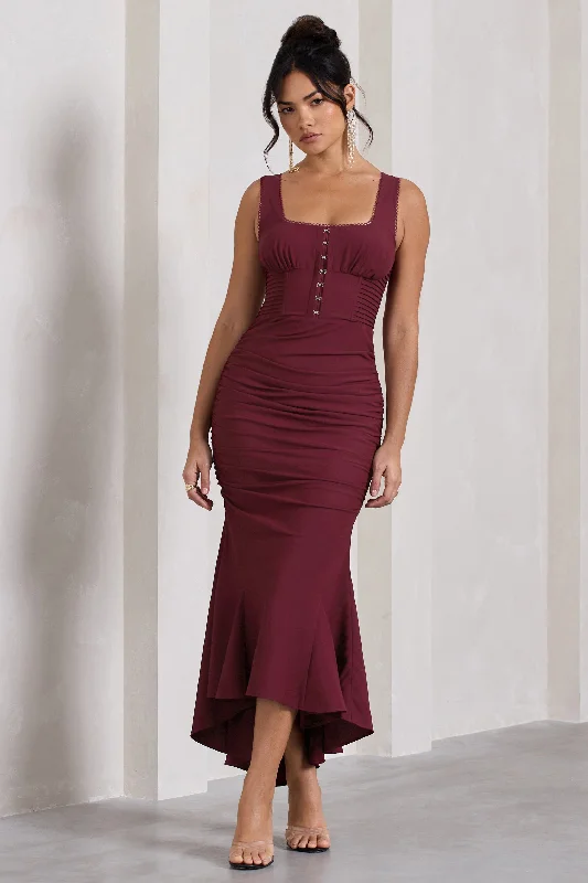 Glossy Maxi Dresses -Savannah | Burgundy Square-Neck Corset Fishtail Maxi Dress