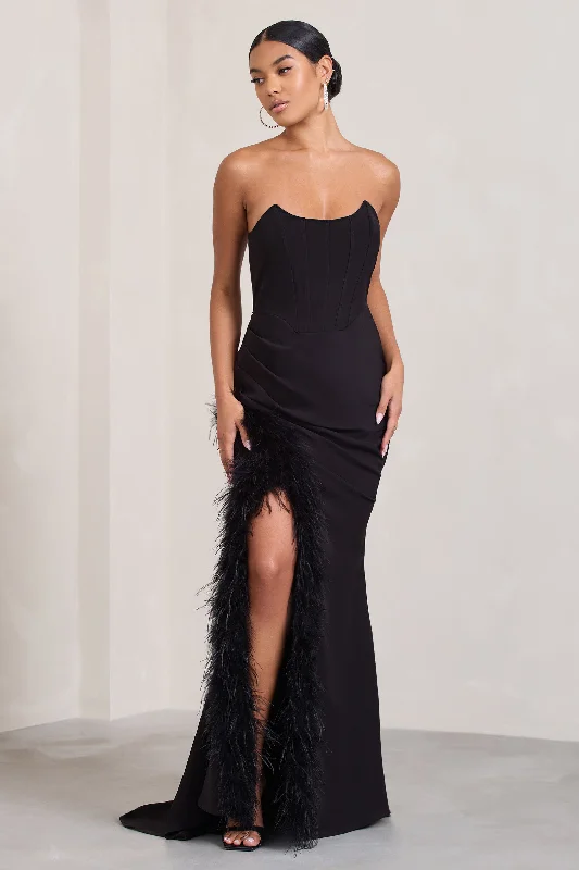 Smooth-Silk Maxi Dresses -Say Yes | Black Corset Maxi Dress With Split Feather Skirt