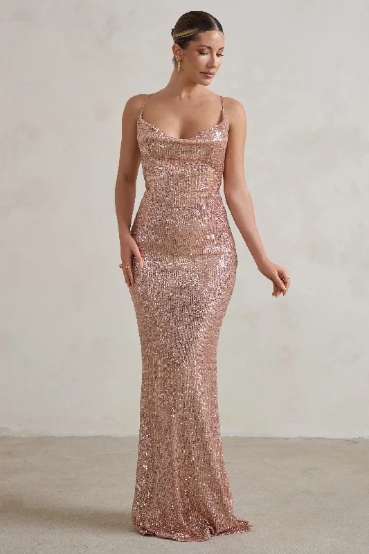 Split-Front Maxi Dresses -Seeing Stars | Champagne Cowl Cami Sequin Maxi Dress With Waist Tie