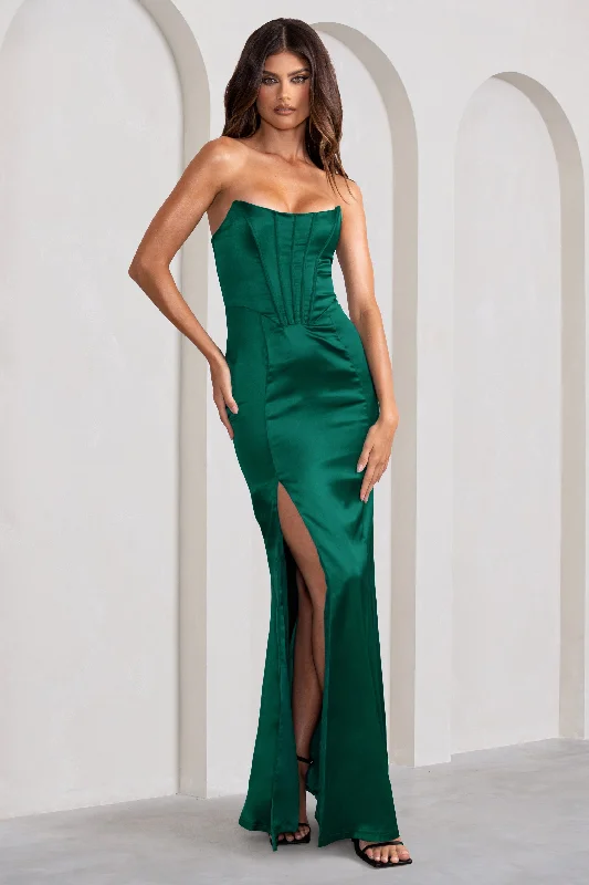 Scoop-Edge Maxi Dresses -Sensual Notes | Bottle Green Satin Strapless Corset Thigh Split Fishtail Maxi Dress