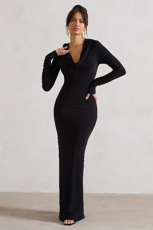 Boat-Neck Maxi Dresses -Shira | Black Long-Sleeve Hooded Maxi Dress