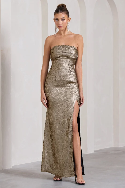 Maxi Dresses for Evening Dates -Showstopper | Gold Metallic Strapless Open-Back Split Maxi Dress