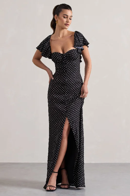 Soft-Cotton Maxi Dresses -Signorina | Black Polka Dot Buttoned Maxi Dress With Flounced Short Sleeves