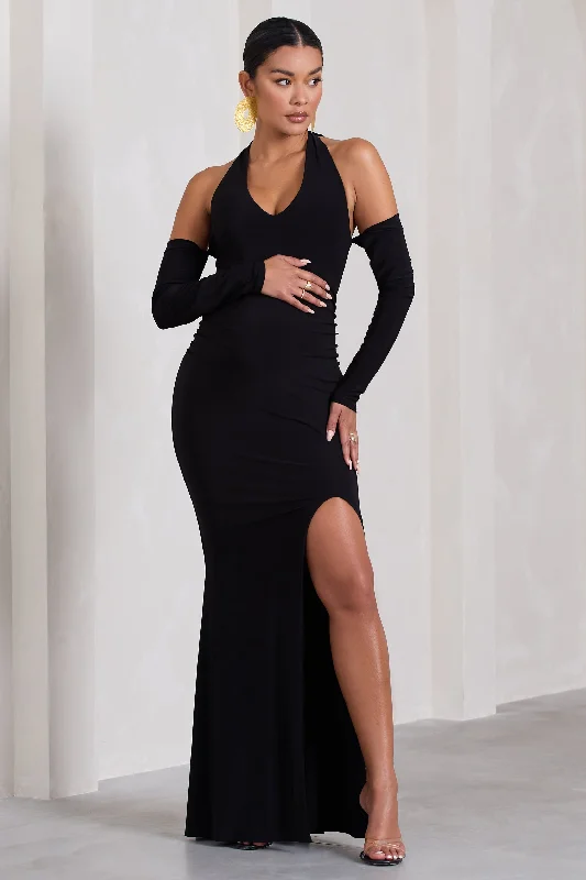 Smooth-Silk Maxi Dresses -Solana | Black Halter-Neck Long-Sleeve Split Maternity Maxi Dress