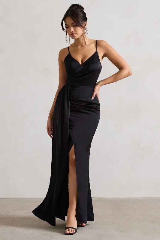 Soft-Stripe Maxi Dresses -Soraya | Black Satin V-Neck Split Maxi Dress With Drape