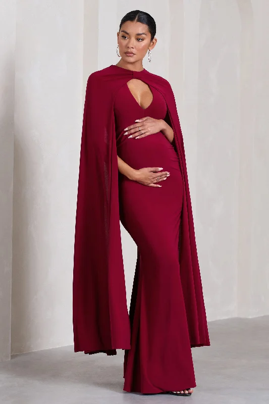 Tulip-Hem Maxi Dresses -Standing Ovation | Berry Plunge-Neck Cape Maternity Maxi Dress