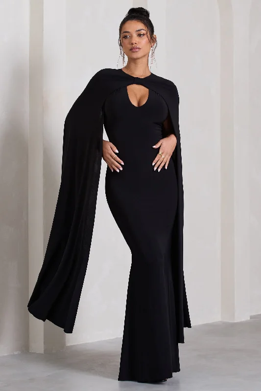 Maxi Dresses for Art Nights -Standing Ovation | Black Plunge-Neck Cape Maxi Dress