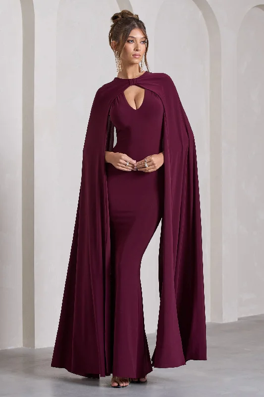 Puff-Hem Maxi Dresses -Standing Ovation | Burgundy Plunge-Neck Cape Maxi Dress