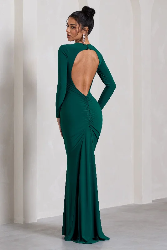 Flowy Maxi Dresses -Starring | Bottle Green Long-Sleeve Backless Maxi Dress