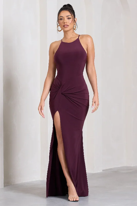 Pleated-Front Maxi Dresses -Stellar | Plum Halter-Neck Twisted Split Maxi Dress