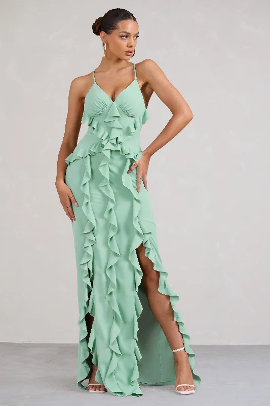 Plush-Wool Maxi Dresses -Syrah | Mint Green Chiffon Ruffle Cami Maxi Dress