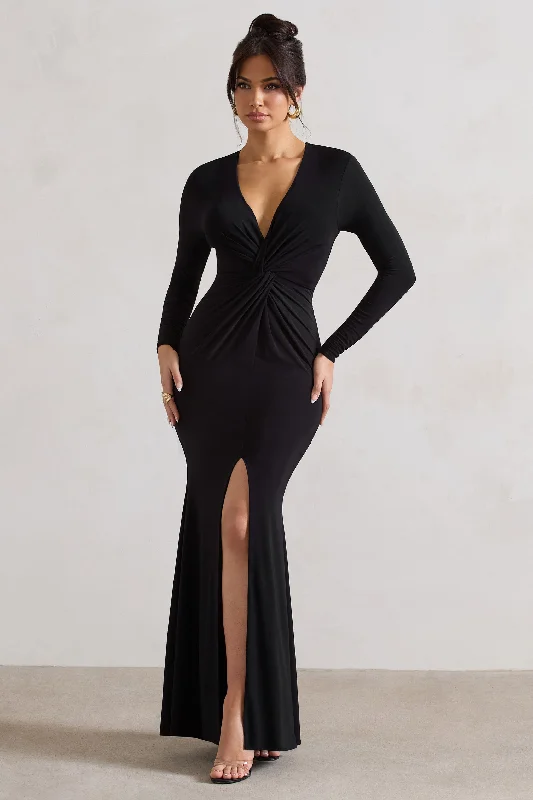 Drape-Sleeve Maxi Dresses -Tianna | Black Plunge-Neck Twisted Split Maxi Dress