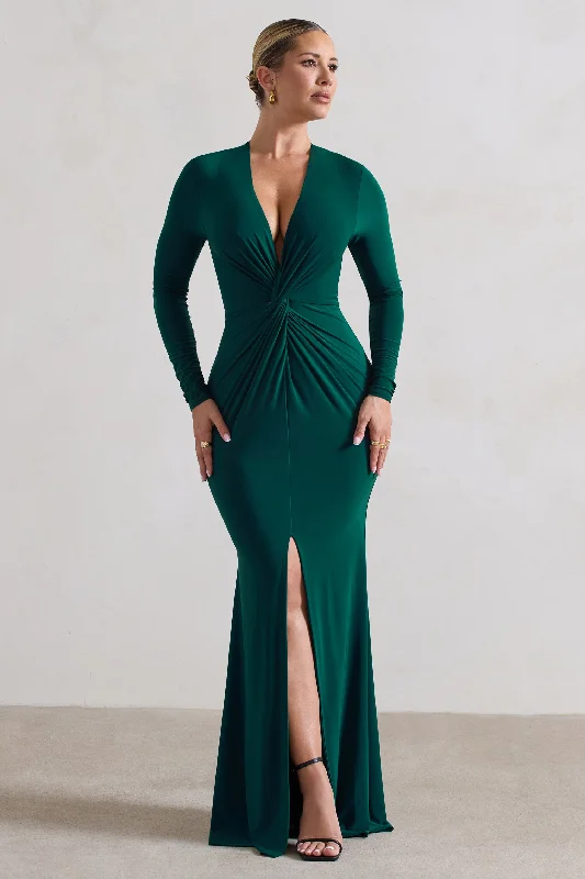 Maxi Dresses for Brunch Vibes -Tianna | Bottle Green Plunge-Neck Twisted Split Maxi Dress