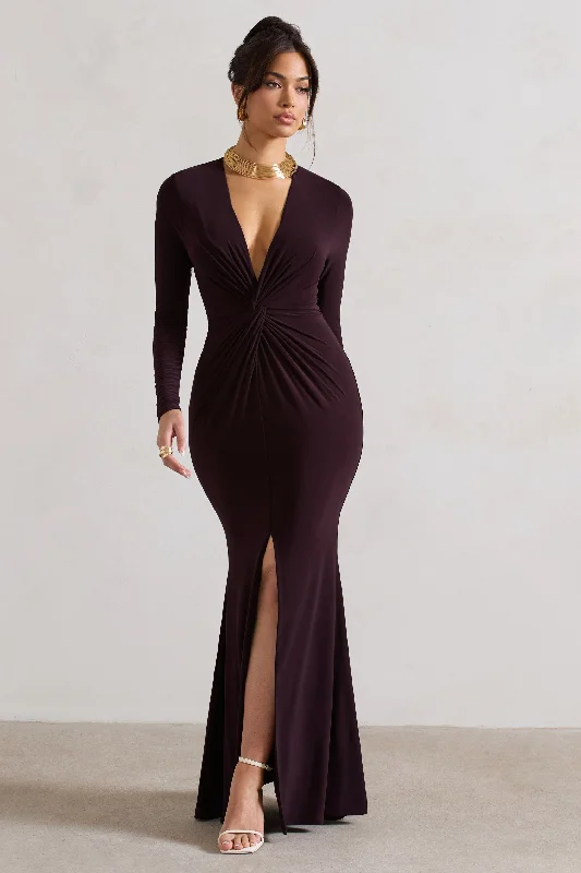 Cutout-Back Maxi Dresses -Tianna | Dark Plum Plunge-Neck Twisted Split Maxi Dress