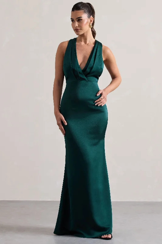 Maxi Dresses for Anniversaries -Tiffany | Bottle Green Satin Plunge-Neck Maxi Dress