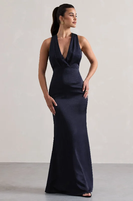 Maxi Dresses for Game Events -Tiffany | Navy Satin Plunge-Neck Maxi Dress