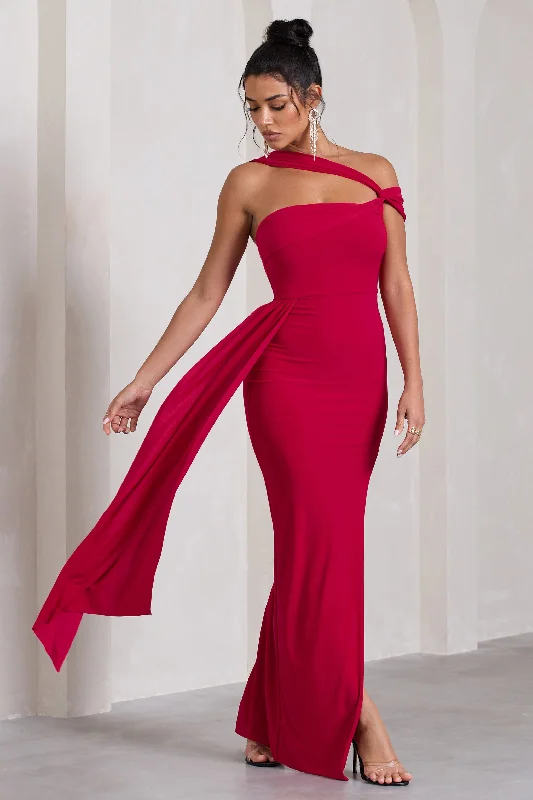 Maxi Dresses for Networking -To The Max | Red Strappy Asymmetric Split Maxi Dress With Drape