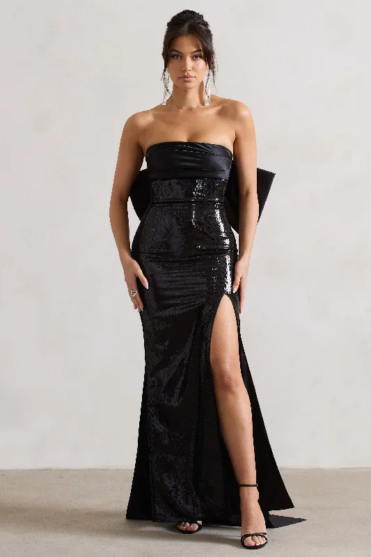 Button-Up Maxi Dresses -To You | Black Sequin Bandeau Split Maxi Dress With Oversized Bow