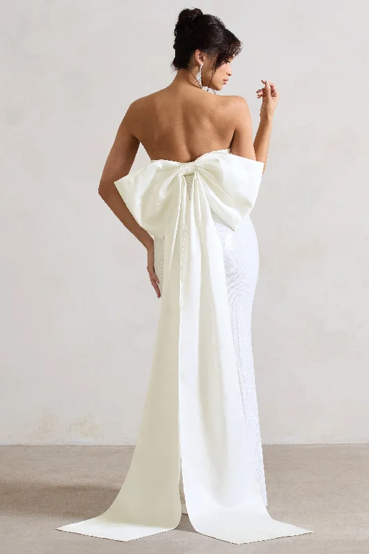 Ruffled Maxi Dresses -To You | White Sequin Bandeau Split Maxi Dress With Oversized Bow