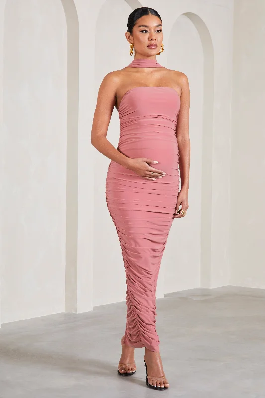 Loose-Edge Maxi Dresses -Truly | Blush Pink Ruched Maternity Maxi Dress With Halter Collar