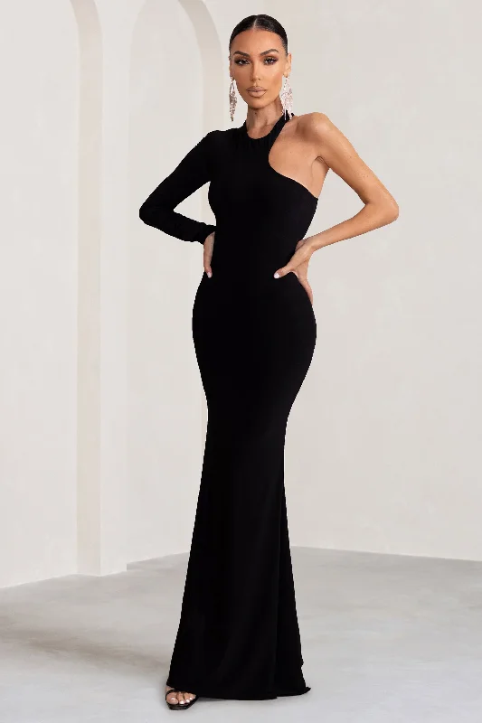 Tassel-Detail Maxi Dresses -Tyra | Black Asymmetric Neck Cut Out Maxi Dress With Open Back Detail