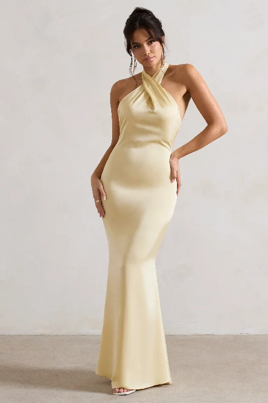 Lace-Up-Back Maxi Dresses -Unbeatable | Lemon Satin Cross Over Halter-Neck Maxi Dress