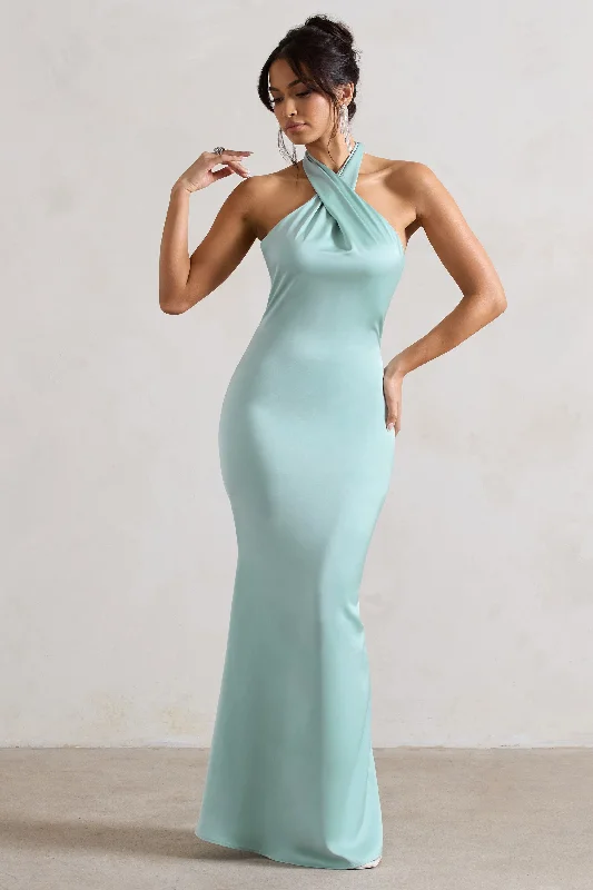 Pocketed Maxi Dresses -Unbeatable | Mint Green Satin Cross Over Halter-Neck Maxi Dress