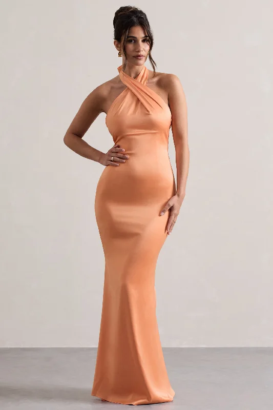 Maxi Dresses for Team Outings -Unbeatable | Peach Satin Cross Over Halter-Neck Maxi Dress