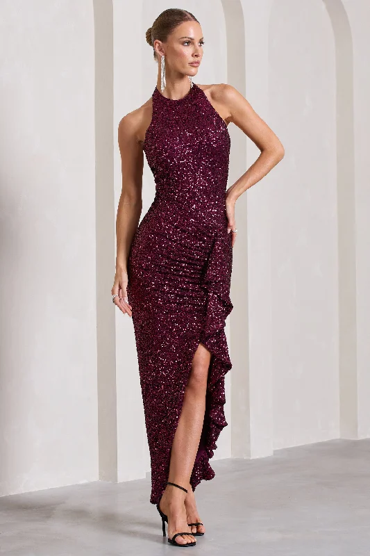 Maxi Dresses for Garden Nights -Under The Stars | Plum Sequin High-Neck Open-Back Maxi Dress With Drape