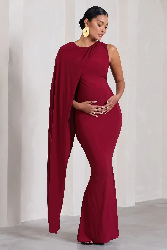 Maxi Dresses for Chill Parties -Unveil | Berry One-Sleeve Cape Maternity Maxi Dress