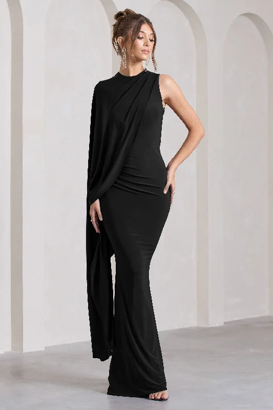 Matte-Velvet Maxi Dresses -Unveil | Black One-Sleeve Cape Maxi Dress