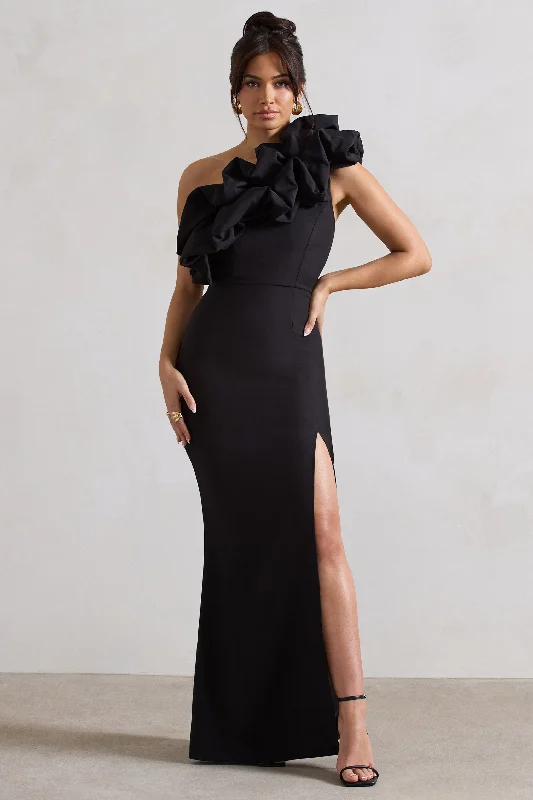 Pure-Silk Maxi Dresses -Vienne | Black One Shoulder Ruffle Split Maxi Dress