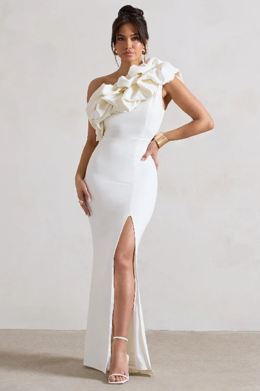 Rich-Silk Maxi Dresses -Vienne | White One Shoulder Ruffle Split Maxi Dress