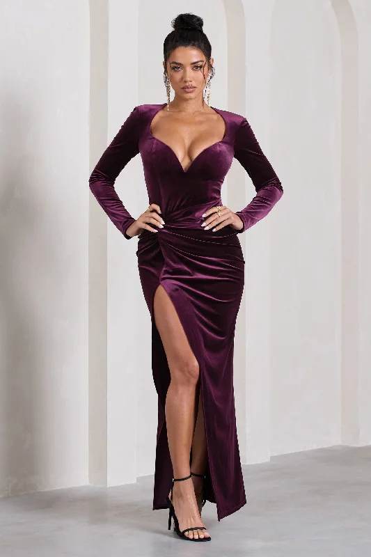 Cowl-Neck Maxi Dresses -Vin Chaud | Dark Purple Velvet Long-Sleeved Split Maxi Dress