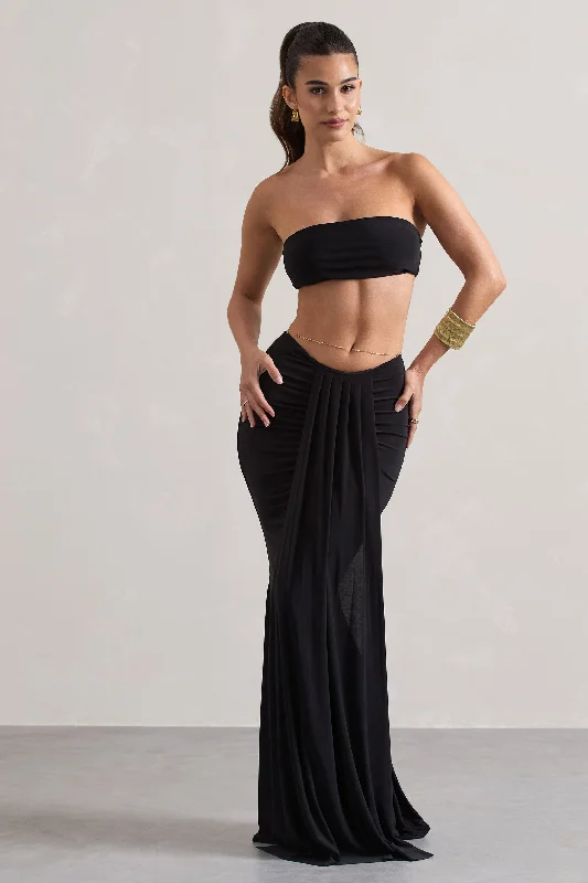 Ruffle-Sleeve Maxi Dresses -Vitality | Black Ruched Drape Maxi Skirt