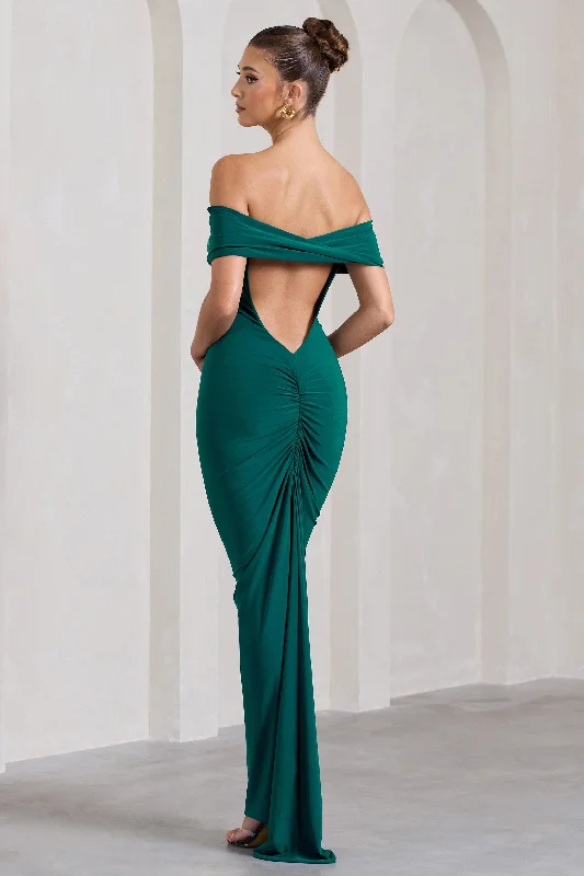 Loose-Edge Maxi Dresses -Vivienne | Bottle Green Bardot Open-Back Maxi Dress