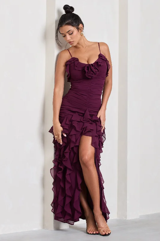 Maxi Dresses for Night Outings -Walks Alone | Burgundy Ruched Strappy Split Maxi Dress With Ruffles