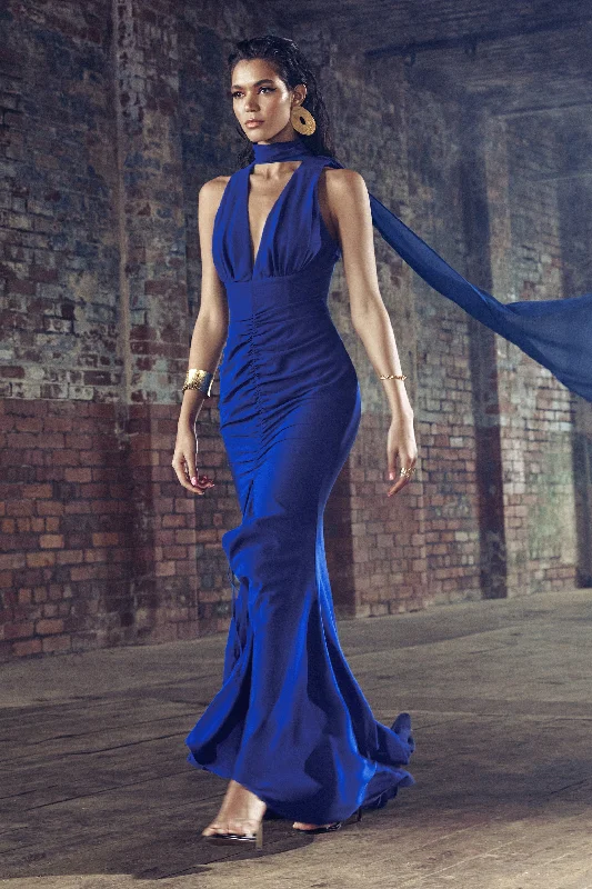 High-Edge Maxi Dresses -Whimsical | Blue Chiffon Plunge Fishtail Maxi Dress With Scarf Design