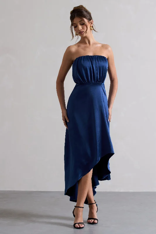 Maxi Dresses for Night Dates -Willa | Navy Satin Bandeau Maxi Dress With Asymmetric Hem