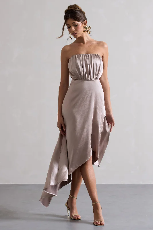 Pleated-Front Maxi Dresses -Willa | Taupe Satin Bandeau Maxi Dress With Asymmetric Hem