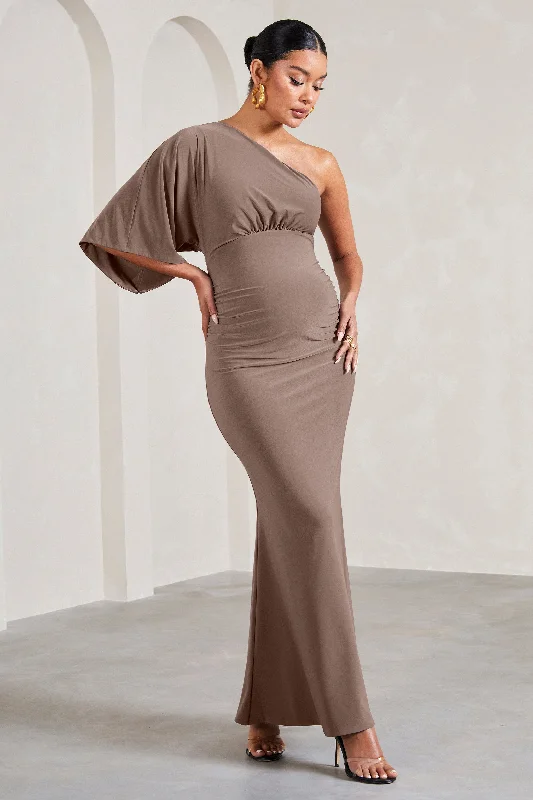 Red Maxi Dresses for Holiday Fun -Wisdom | Mocha Ruched Asymmetric One-Shoulder Maternity Maxi Dress