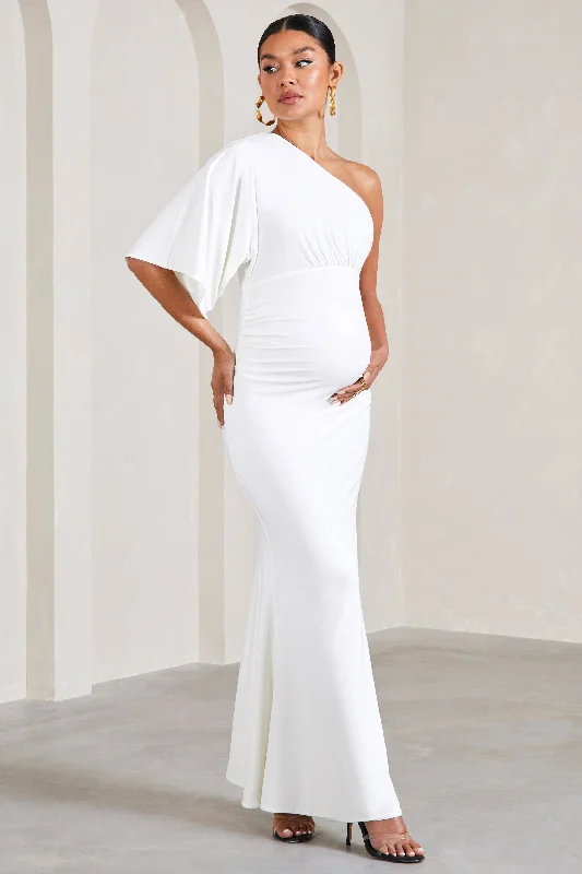 Satin Maxi Dresses for Shine -Wisdom | White Ruched Asymmetric One-Shoulder Maternity Maxi Dress