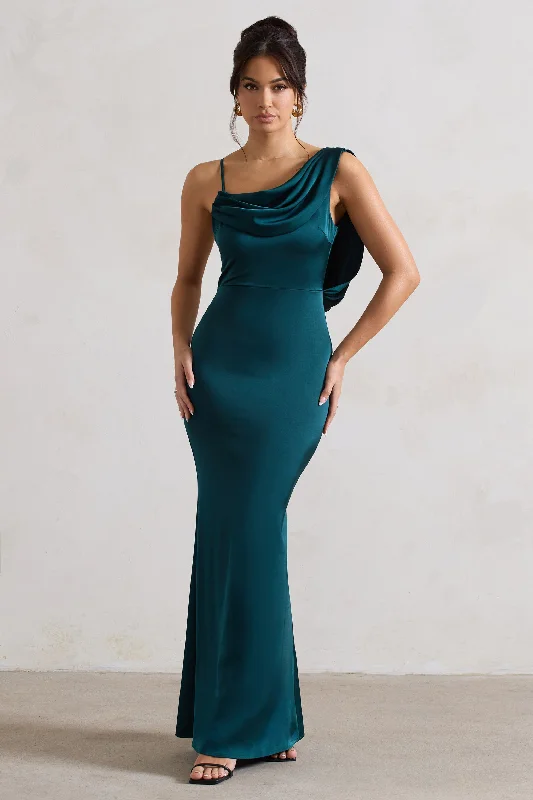 Subtle-Hue Maxi Dresses -Wistful | Dark Green Satin Asymmetric Cowl-Neck Maxi Dress