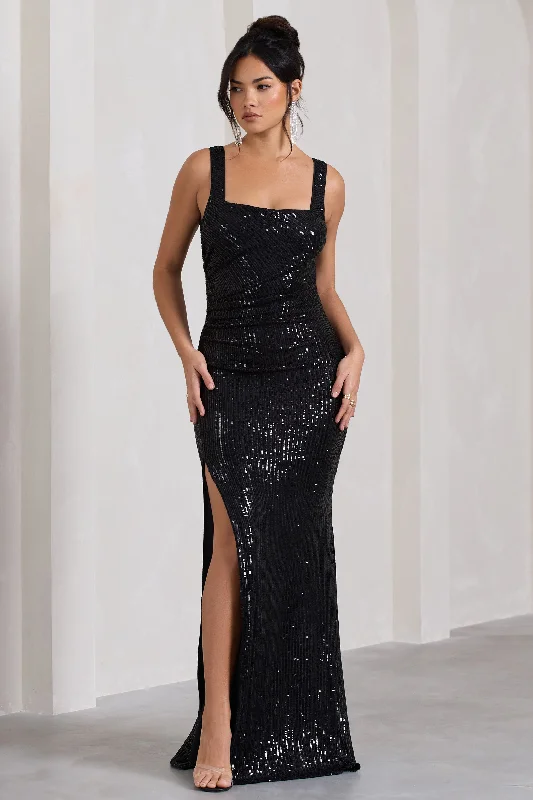 Maxi Dresses for Group Outings -Yvonne | Black Sequin Open-Back Bodycon Maxi Dress