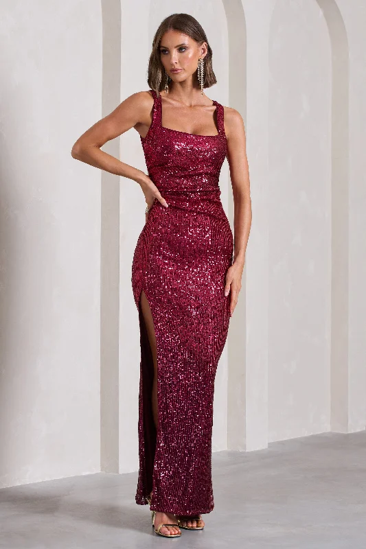 Maxi Dresses for Patio Nights -Yvonne | Plum Sequin Open-Back Bodycon Maxi Dress