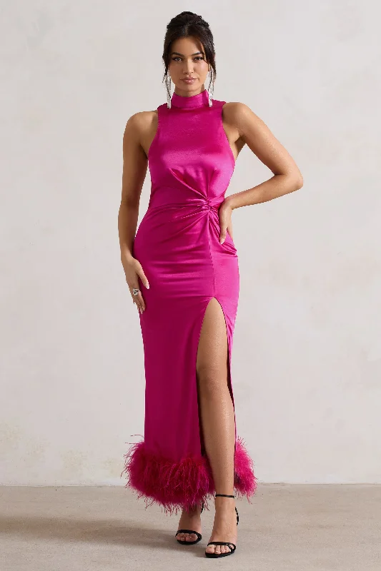 Shimmer Maxi Dresses -Zoe | Dark Pink Satin Twist Split Maxi Dress With Feather Trim