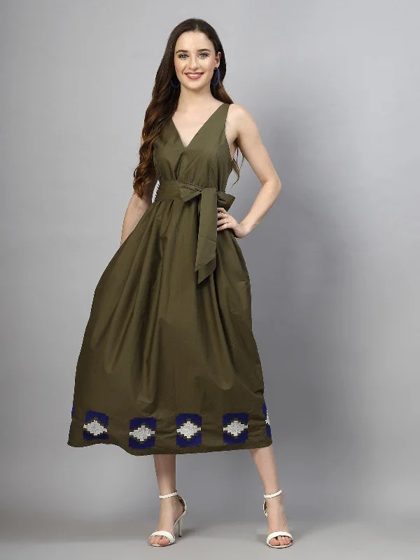 Soft-Pattern Midi Dresses -SMERA MART 100% Poplin Cotton Summer Fit & Flare Midi Dress for Women - Olive