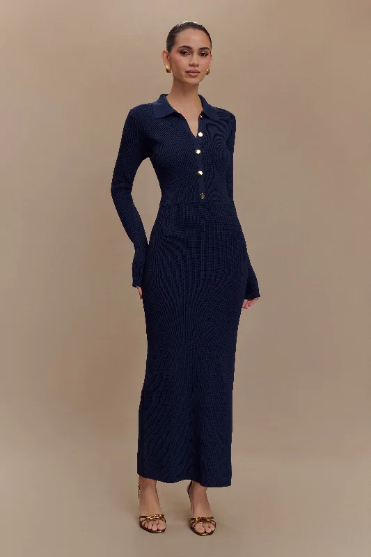 Frilled-Top Midi Dresses -Abbey Buttoned Knit Midi Dress - Navy